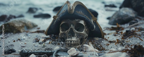 Swashbucklers final rest Skull with a captains hat and sword on the shore photo