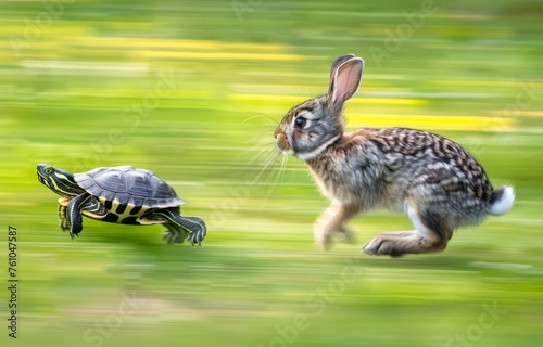 Tired rabbit in a futile chase after a fast driving turtle motion blur enhancing the comedy photo