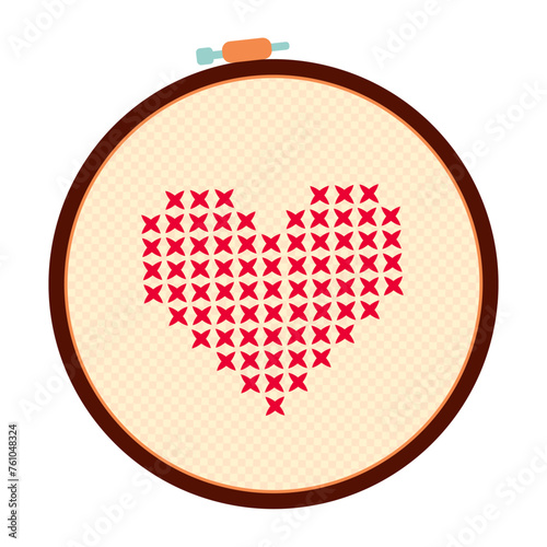 Cross heart hand embroidery. Embroidery hoop with red heart embroidery. Cartoon vector illustration of red heart decoration on cloth isolated on white background.
