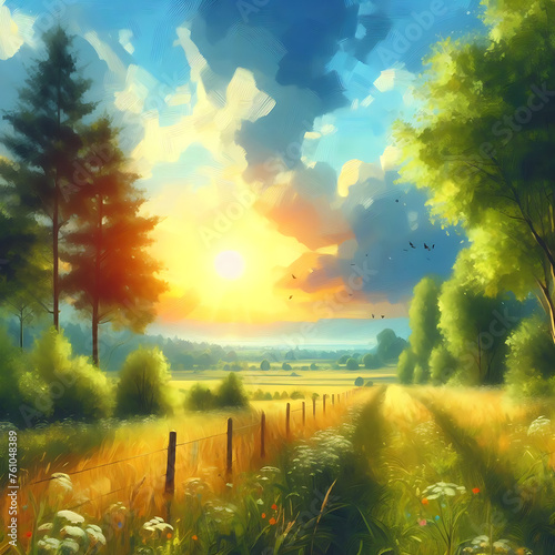 Sunny landscape oil painting