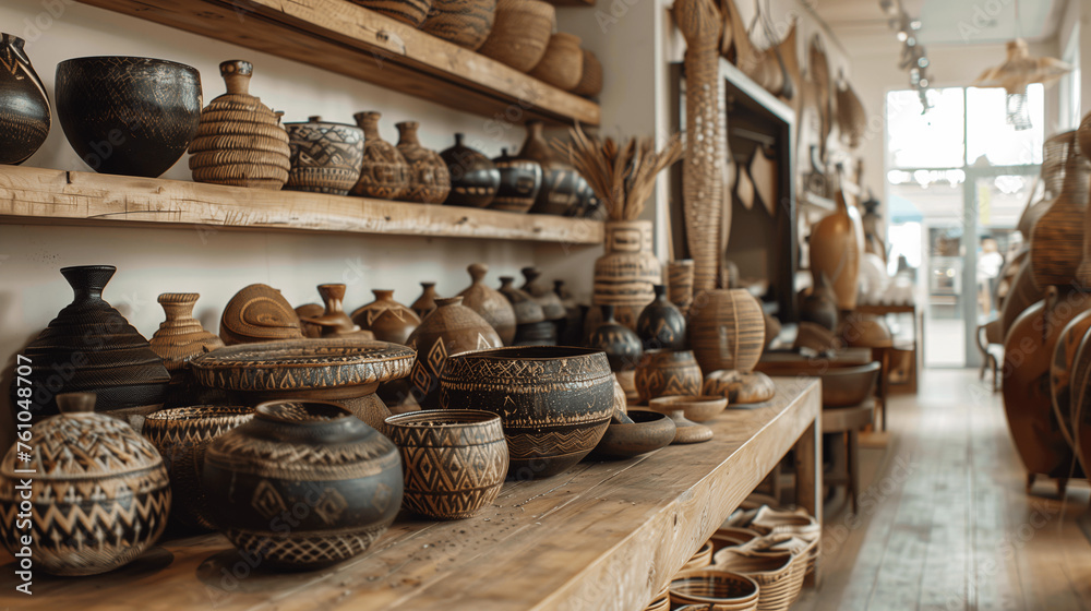 Assorted Handcrafted Pottery on Display in Artisan Shop
