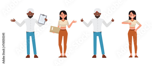 Set of Businessman and businesswoman character vector design. Indian people working in office planning, thinking and economic analysis. Business people presentation showing thumbs up and down.