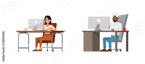 Set of Businessman and businesswoman character vector design. Indian people working in office planning, thinking and economic analysis. Business people working on computer illustration.