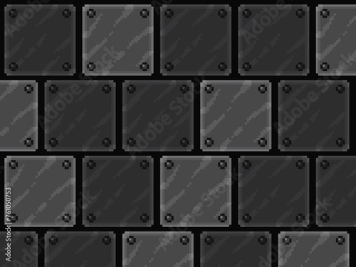 Pixel art Tileset. 2D Dungeon Steel Wall Texture with shadowing - Assets for Game - steel concrete seamless with dark background.	