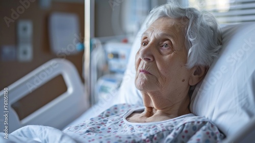 A patient in a hospital bed looking out the window with a blank expression. Medical equipment can be seen in the background highlighting the physical toll that mood disorders photo