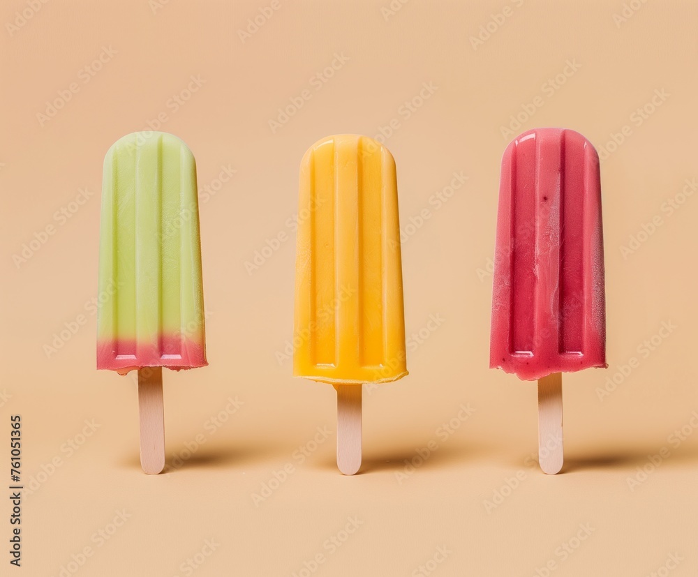 Photo of 3 popsicles of different flavours and colors, with contrastant colors, AI generated image Photo of 3 popsicles of different flavours and colors, with contrastant colors, AI generated image