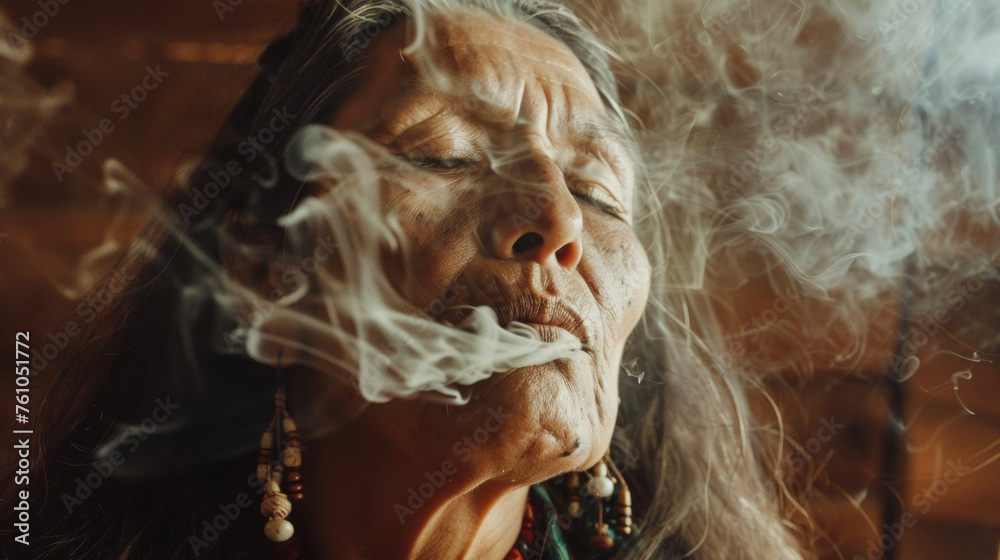 Fototapeta premium With their eyes closed in deep concentration a shaman blows smoke over a patients body focusing on areas of illness and imbalance in a traditional healing ritual.