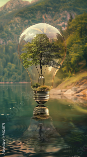 Imagine a landscape where trees are gently encased in a light bulb set against a tranquil natural scenery