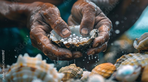 A farm worker is gathering pearls from oysters over the backdrop of a river cultured cultivation and space, Generative AI.
