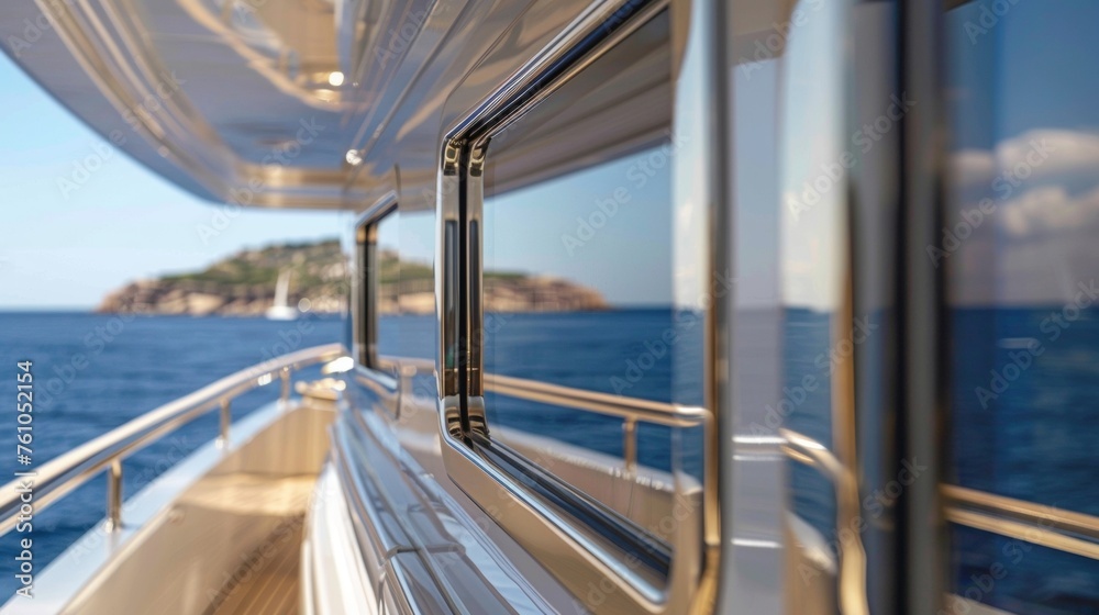 A closeup view of the window frames on a yacht revealing the stunning views of the ocean beyond them. Each frame is polished to perfection reflecting the surrounding environment