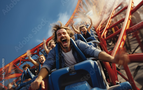 Happy tourist opens arms, cheers, fastens seat belt and rides roller coaster.