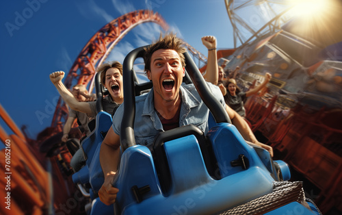 Happy tourist opens arms, cheers, fastens seat belt and rides roller coaster.