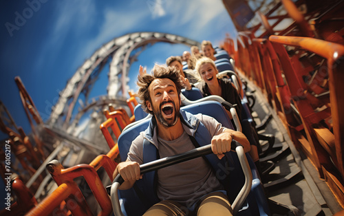 Happy tourist opens arms, cheers, fastens seat belt and rides roller coaster.