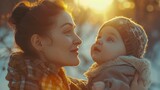 A joyful young mother can be seen in the shadows playing with her toddler and lifting him over her head as the sun sets, Generative AI.
