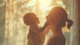 A joyful young mother can be seen in the shadows playing with her toddler and lifting him over her head as the sun sets, Generative AI.