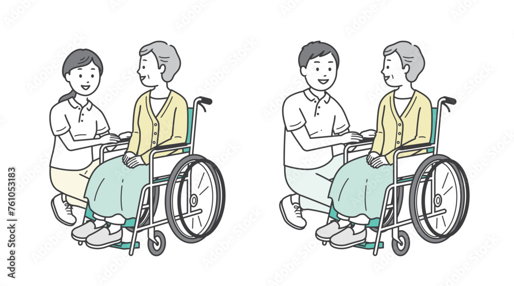 車椅子の高齢女性と介助ををする介護士イラストセット 車椅子の高齢女性と介助ををする介護士イラストセット