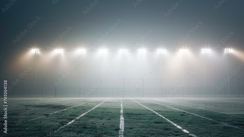 A futuristic arrangement of stadium lights in a perfectly symmetrical grid casting a soft glow on the empty field below - obrazy, fototapety, plakaty 