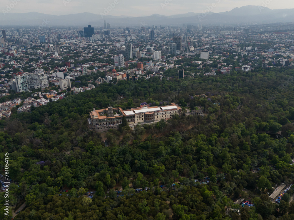 Aerial view of Chapultepec Castle on top of a hill with the surrounding forest, Mexico City