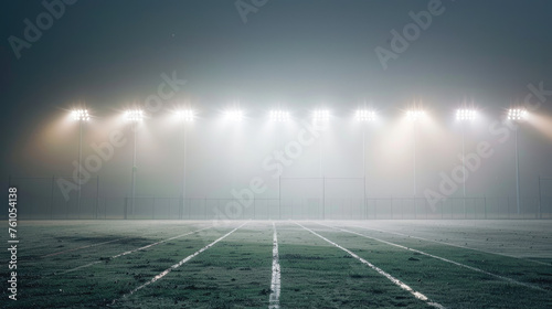 A futuristic arrangement of stadium lights in a perfectly symmetrical grid casting a soft glow on the empty field below