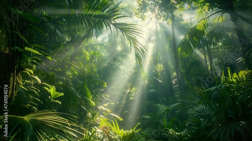 A lush forest with sunlight filtering through the dense foliage