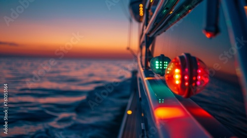 A closeup of the back end of a yacht displaying its stern with its carefully p navigation lights. The lights both red and green can be seen against the slight ripple of the photo