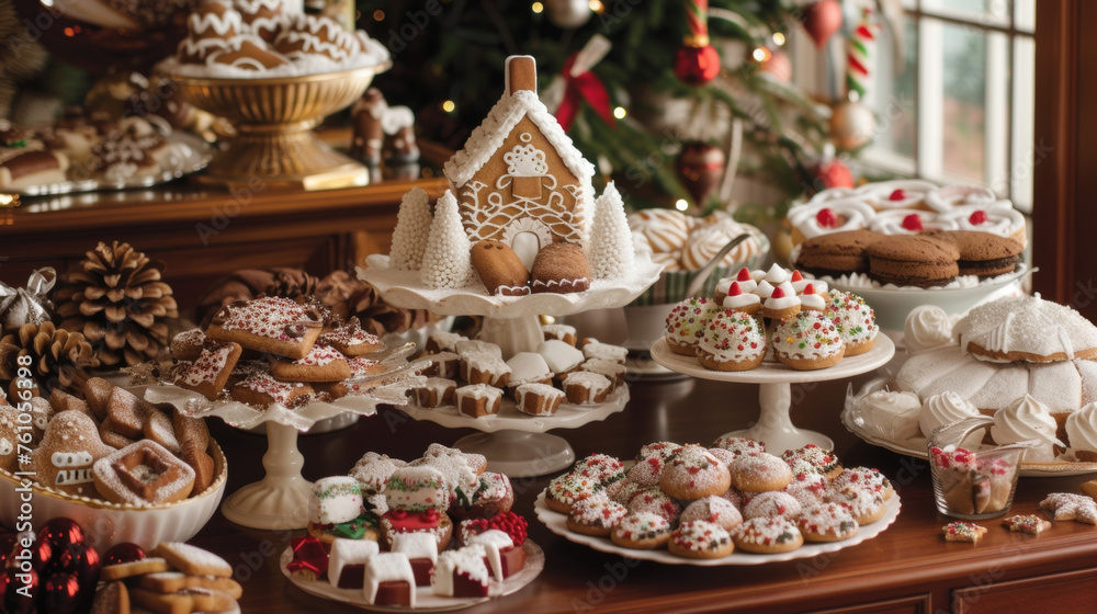 A table filled with homemade treats and crafts including gingerbread houses sugar cookies and handmade ornaments. The aroma of freshbaked goods and hot cocoa wafts through