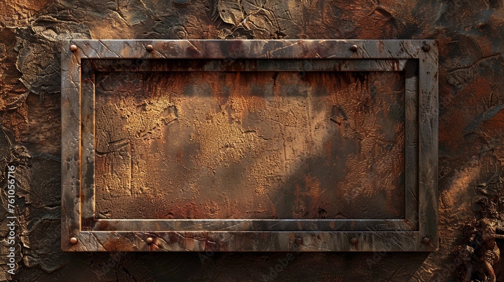 Textured Rusty Distressed Rectangular Riveted Metal Frame Mock-Up Isolated on a Grunge Wall - obrazy, fototapety, plakaty 