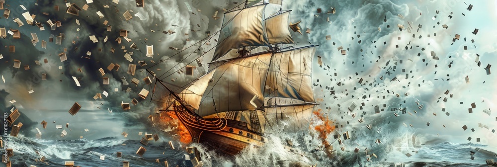 Fototapeta premium A pirate ship sails on the ocean, surrounded by flying fish and birds in dramatic lighting