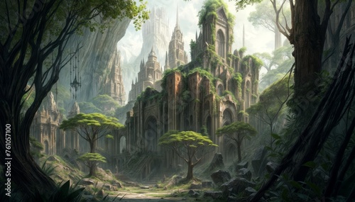 Fantasy landscape with ancient temple in the jungle.