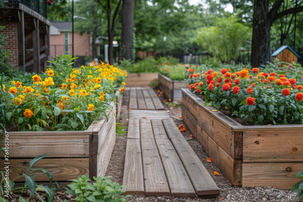 Vibrant marigolds bloom in raised wooden garden beds, with a backdrop of lush trees.