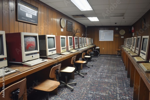 An old 90s computer lab with rows of bulky monitors and desktops.