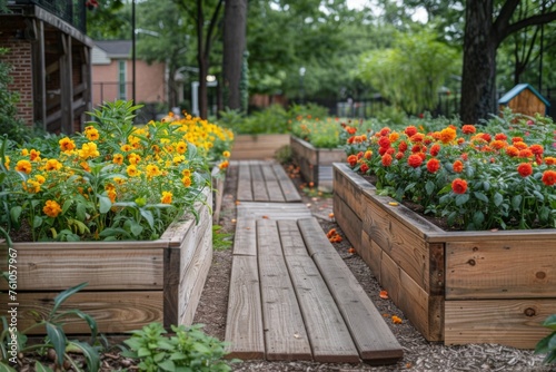 Vibrant marigolds bloom in raised wooden garden beds, with a backdrop of lush trees.