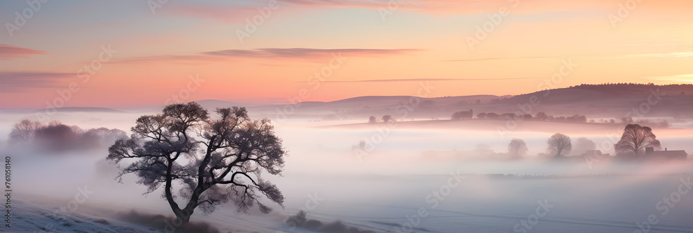 Ethereal Dawn: A Cruising Journey through a Misty Countryside Landscape