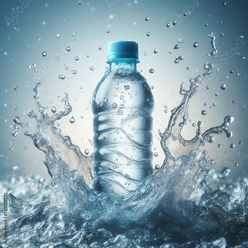 Small plastic water bottle with water splash background.