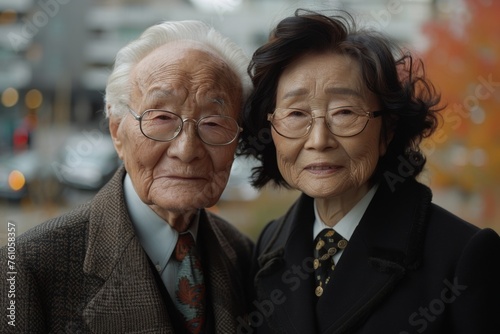 A senior couple in elegant attire share a loving embrace with a soft smile.