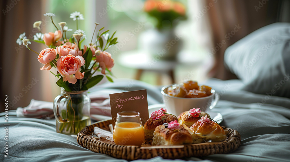 A luxurious tray of food sits on a bed next to a beautiful vase of flowers, creating a stunning visual and sensory experience, Mother`s Day concept, breakfast in bed