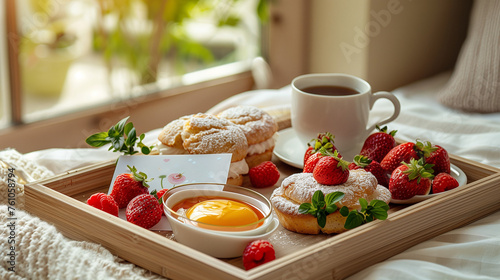 A beautiful tray holds a steaming cup of coffee and an assortment of freshly baked pastries, creating a cozy scene perfect for a relaxing break, 