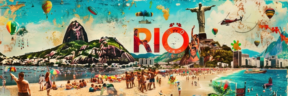 A vibrant and colorful collage featuring iconic landmarks of Rio de Janeiro, such as the Christ The Redeemer statue