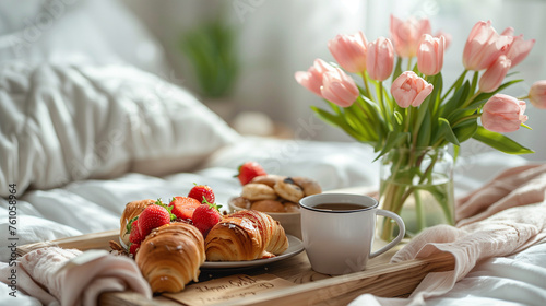 A tray of assorted pastries and a steaming cup of coffee rest delicately on a soft bed, creating a cozy and inviting scene, Mother`s Day concept, breakfast in bed photo