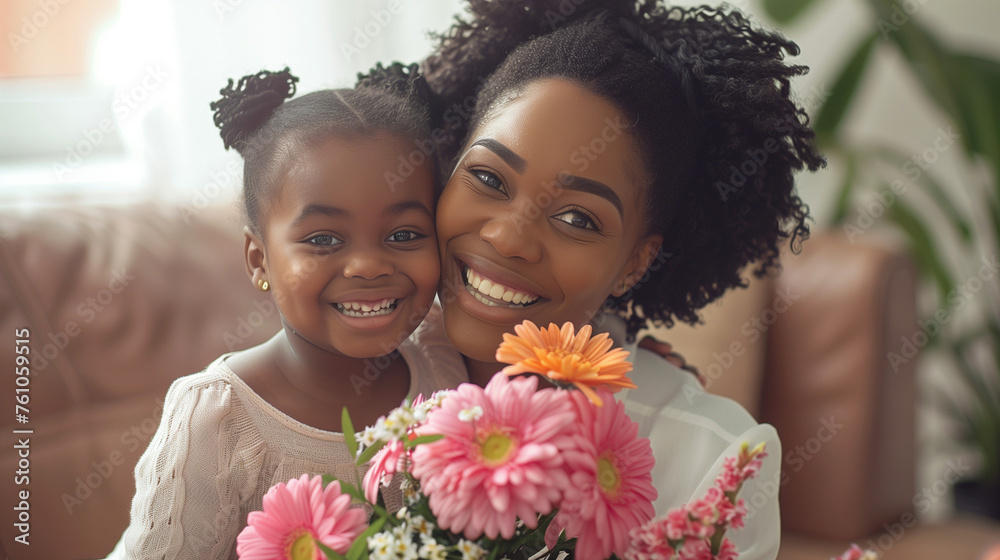 A black mother with long flowing hair smiles at her daughter, who is holding a bouquet of vibrant flowers, as they sit together on a cozy couch, Mother and daughter, Mother`s Day concept A black mother with long flowing hair smiles at her daughter, who is holding a bouquet of vibrant flowers, as they sit together on a cozy couch, Mother and daughter, Mother`s Day concept