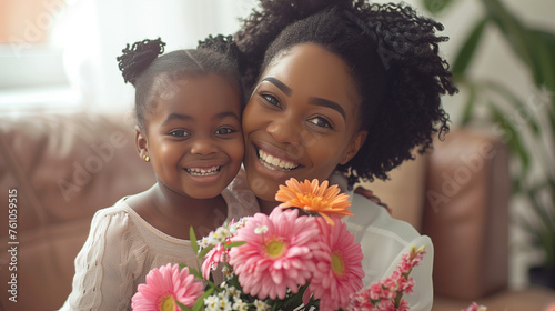 A black mother with long flowing hair smiles at her daughter, who is holding a bouquet of vibrant flowers, as they sit together on a cozy couch, Mother and daughter, Mother`s Day concept