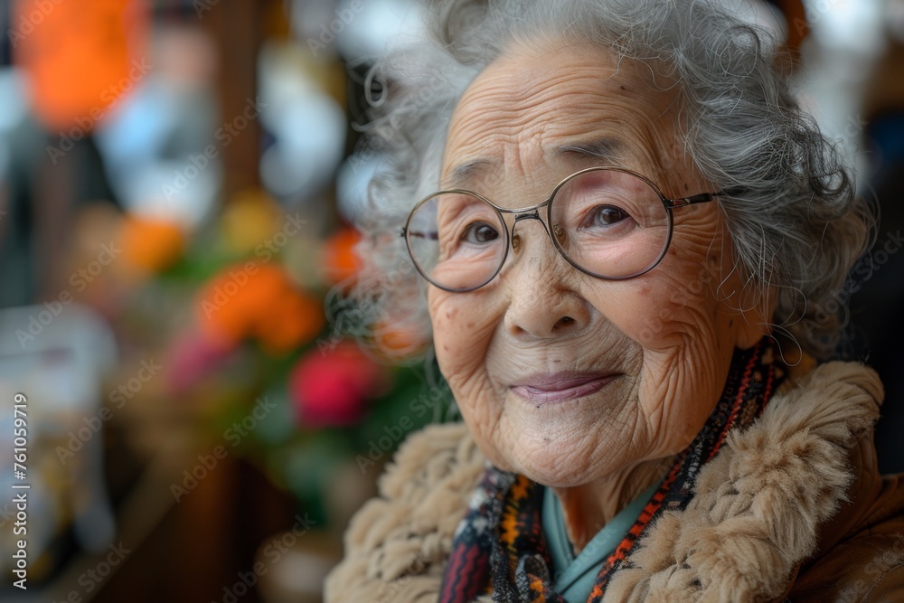 An elderly woman with a beaming smile surrounded by flowers, displaying warmth and zest for life. An elderly woman with a beaming smile surrounded by flowers, displaying warmth and zest for life.
