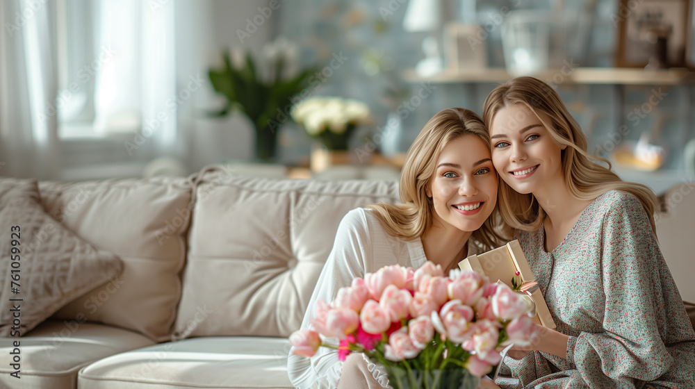 Two women are seated on a plush couch, surrounded by a vibrant bouquet of flowers. They are engaged in conversation, Mother and daughter, Mother`s Day concept