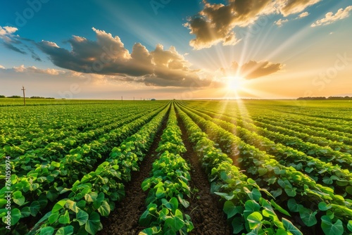 Early stage soy field with open field agriculture at sunset photo