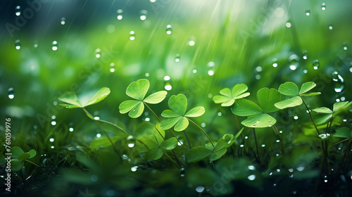 beautiful magic background with clover and raindrops