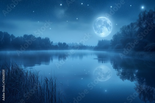 The blue sky at the full moon over the shadows of the trees by the river. calm nature background © Сергей Косилко