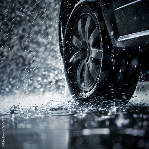 A car tire in heavy rain hydroplaning © PixelHD