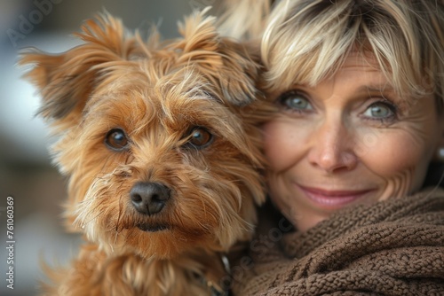 Woman and dog share a moment of affection, eyes reflecting mutual trust.