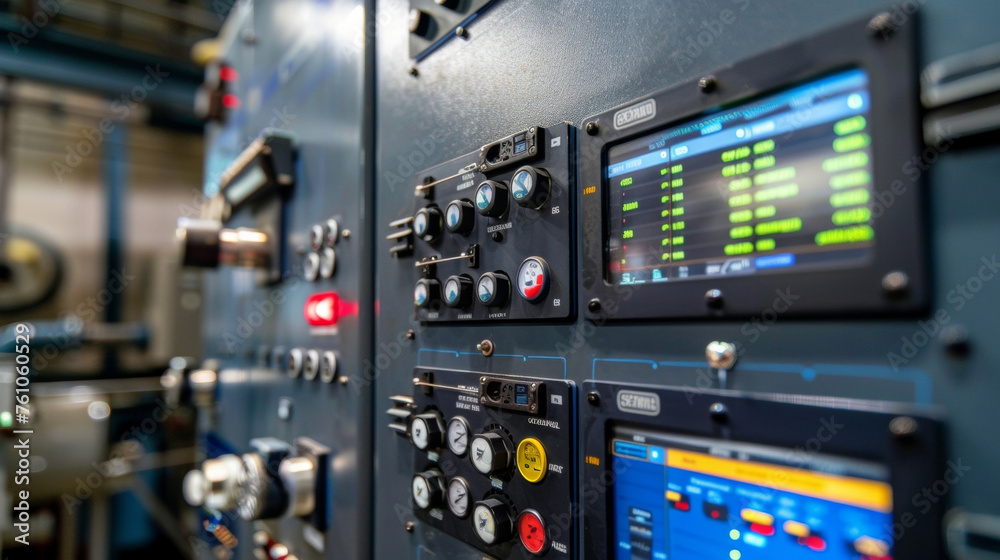 A closeup view of a panel of sophisticated control systems displaying realtime data and allowing for precise monitoring and adjustments to optimize hydroelectric energy production.