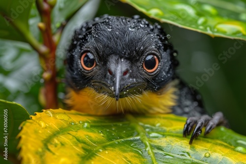 Close-up of a bird peeking through leaves, droplets on feathers showing inquisitiveness.